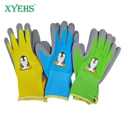 XYEHS 6 Pieces/3 Pairs 3 Color Child Kids Gardening Safety Work Gloves Foam Latex Coated 15 Gauge Polyester Hand Gloves