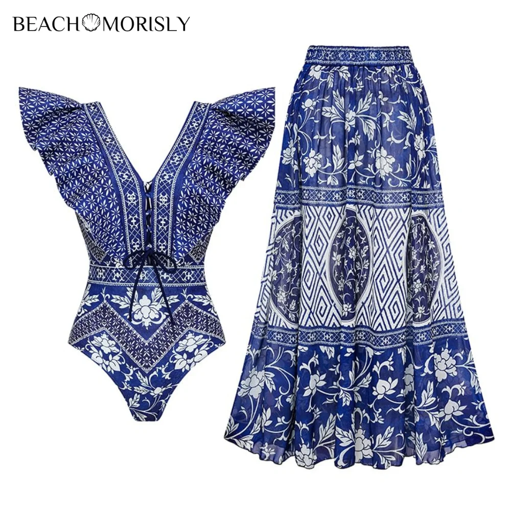 Conjunto de maiô de uma peça estampado azul feminino, decote V, plissado, moda praia, fato de banho, moda praia, férias, novo, 2022