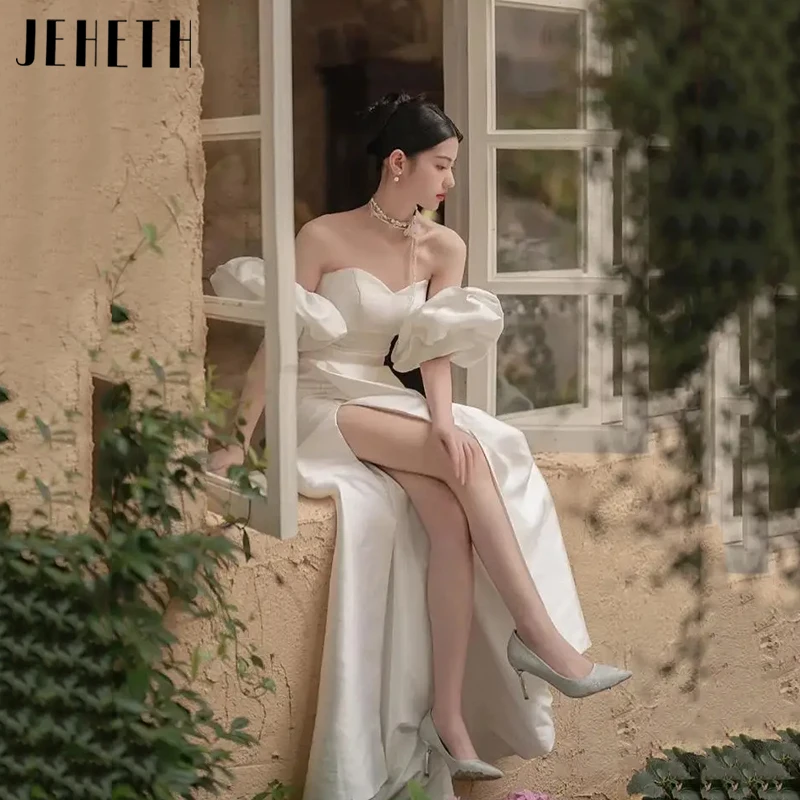 JEHETH Satin Sweetheart Pleat Wedding Dresses A-Line Detachable Puff Sleeves Bridal Gowns Side Split Backless Vestidos De Novia