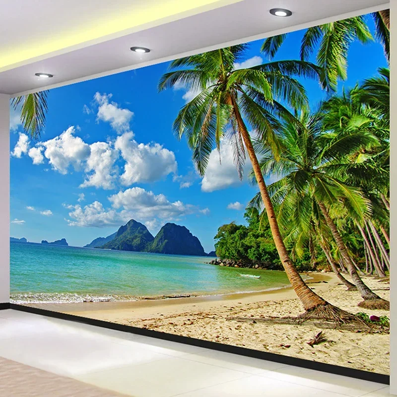 Aangepaste 3D behang muurschilderingen blauwe lucht witte wolken zee eiland strand kokospalm landschap foto muurschildering woonkamer slaapkamer decor - afbeelding 2