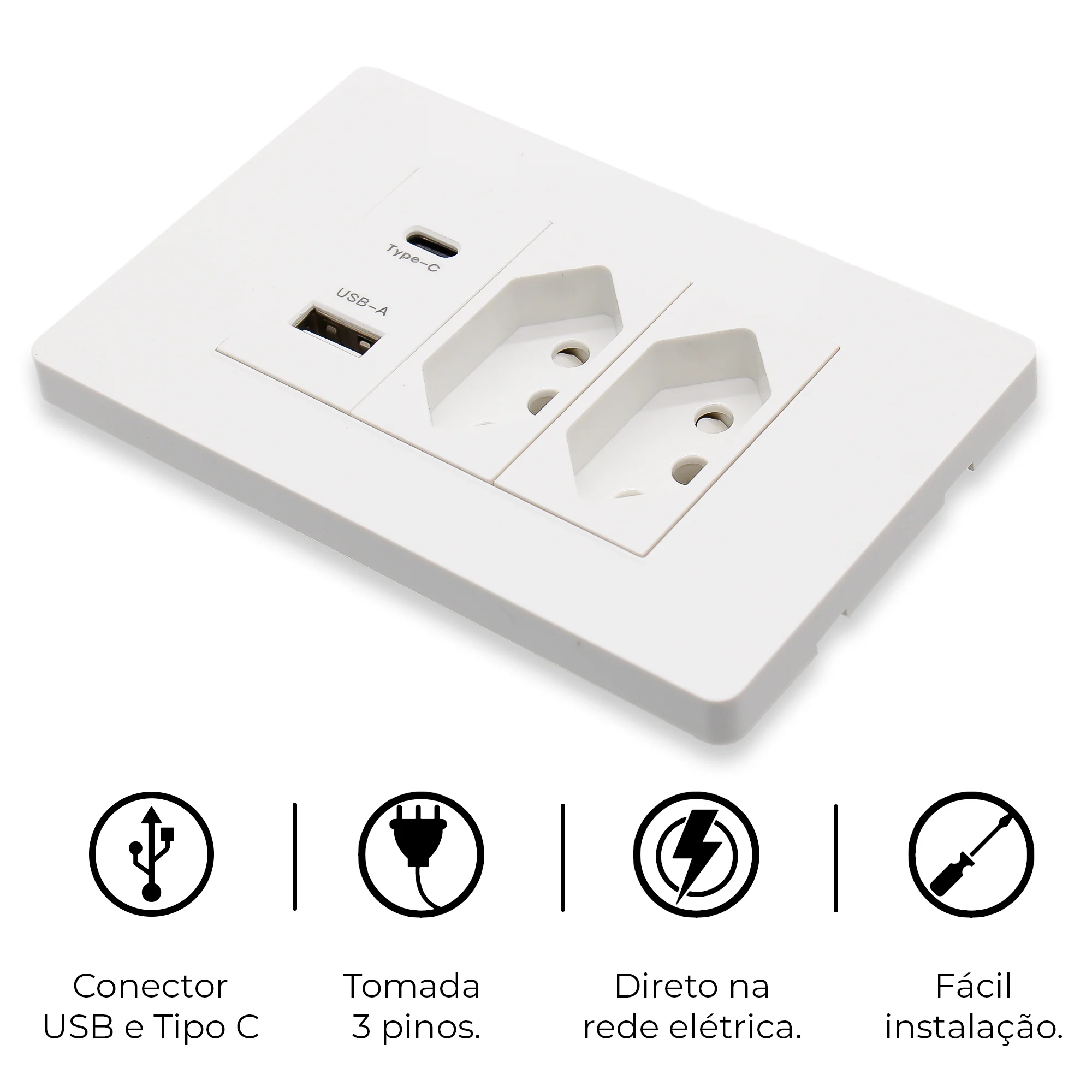 12 Kit Double Socket Wall Input Usb And Type C White Tm05