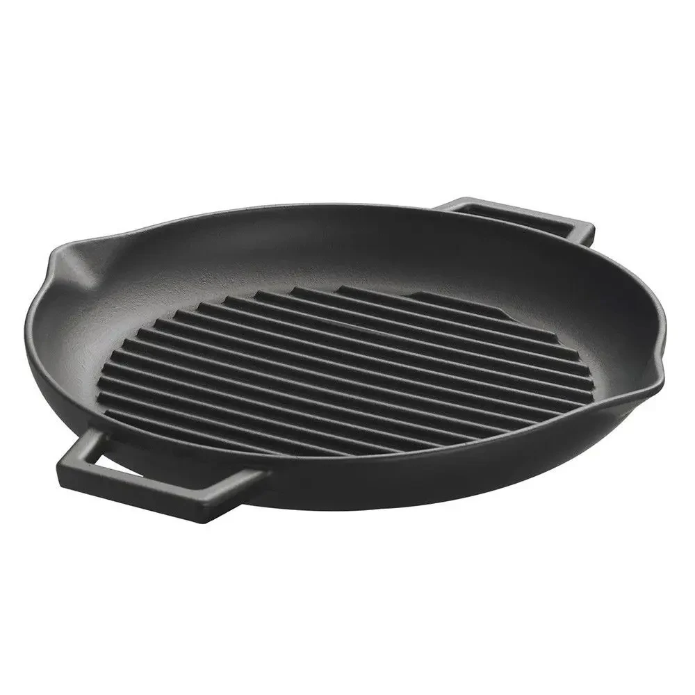 Lava Cast Iron Round Grill Pan, Metal Handles, 30cm, Black | Durable & Versatile kitchenware, BBQ at home, energy-efficient cook