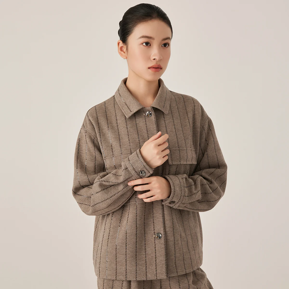 KL7523334 In Stock Elegant Wool Blend Women's Pinstripe Jacket Button Front Oversized Blouse Style Casual Luxury Outerwear