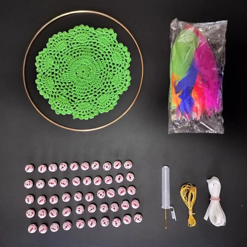 DIY Green Dream Catcher Kit With Materials Including Cotton Doily Metal Ring Large Beads Colored Feathers Needle Thread Ribbons