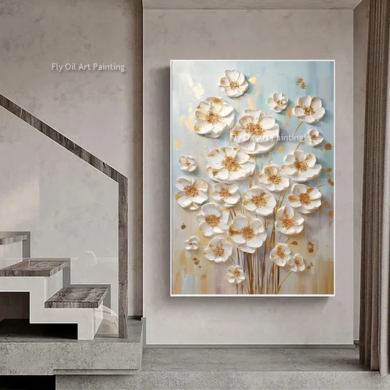 

Elegant Flower Oil Painting Wall Art Room Decor Hand Painted Grey Background Golden Palette Knife Canvas Painting For Home