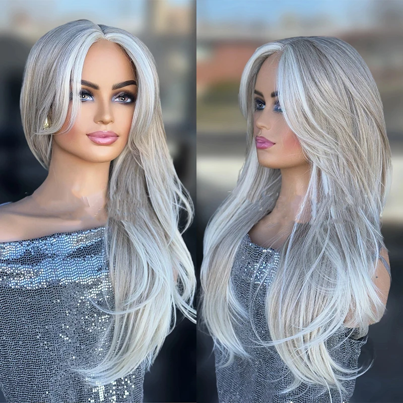 Creamy Ash Blonde Platinum Balayage Straight Wig Premium Human Hair Blend HD Invisible Lace Front Wig 13x4 Free Part Wig