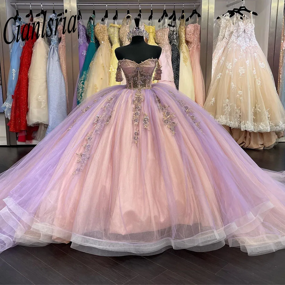 Zoete 16 Lila Quinceanera Jurken Off Shoulder Ruches Baljurk Jurk Prom Jassen Vestido De 15 Anos Quinceanera