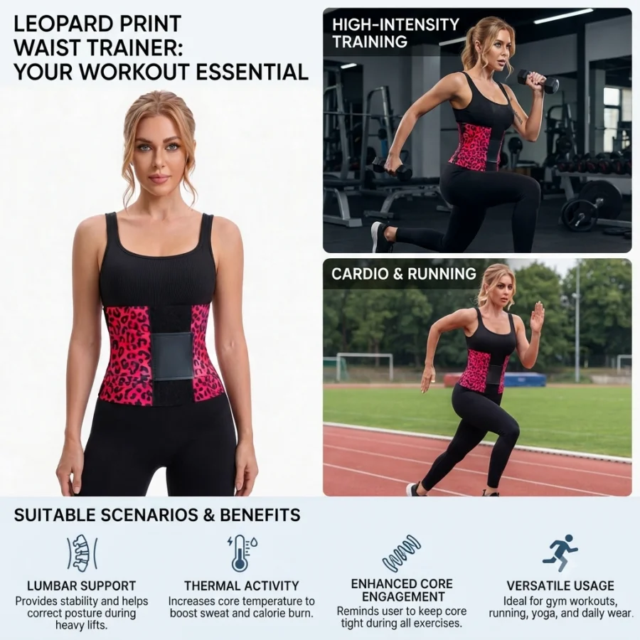 Women Red Leopard Print Waist Trainer, Adjustable Hook & Loop Wide Band Compression Waist Cincher, Breathable Body Shaper for Gym Workout Daily Fashion Wear