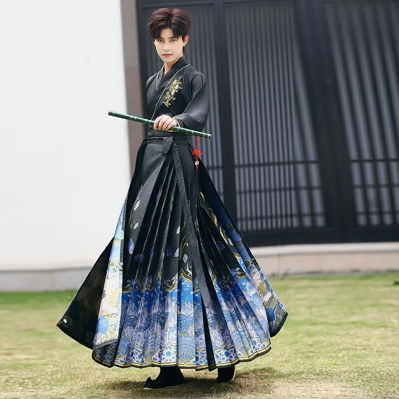 Autumn Chinese Hanfu 2pcs Sets For Women&Men New Year Costume Ming Dynasty Horse Face Skirt Shirt+Pleats Skirt Plus Size 6XL