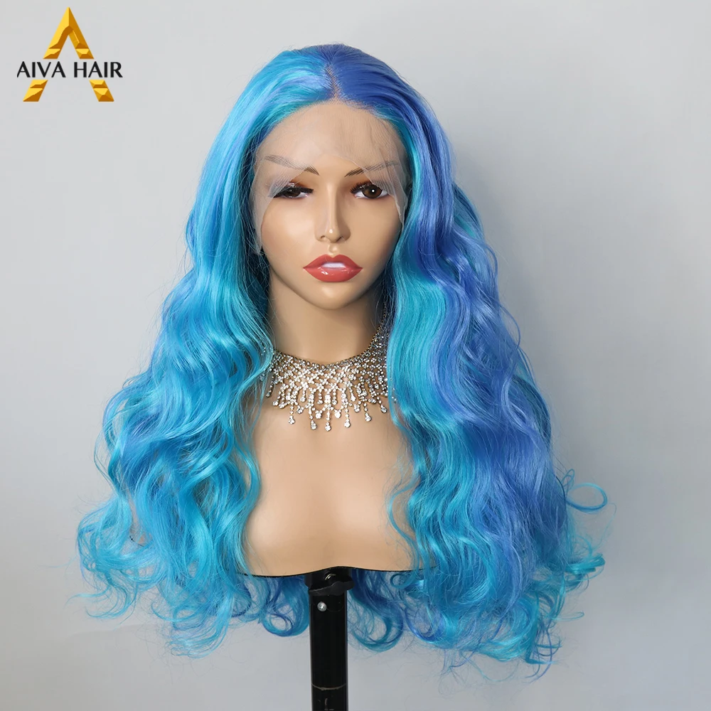 Parrucca sintetica di colore blu chiaro Ombre 13x4 parrucche Gluess resistenti al calore Cosplay da 30 pollici con onda sciolta anteriore in pizzo per donne nere