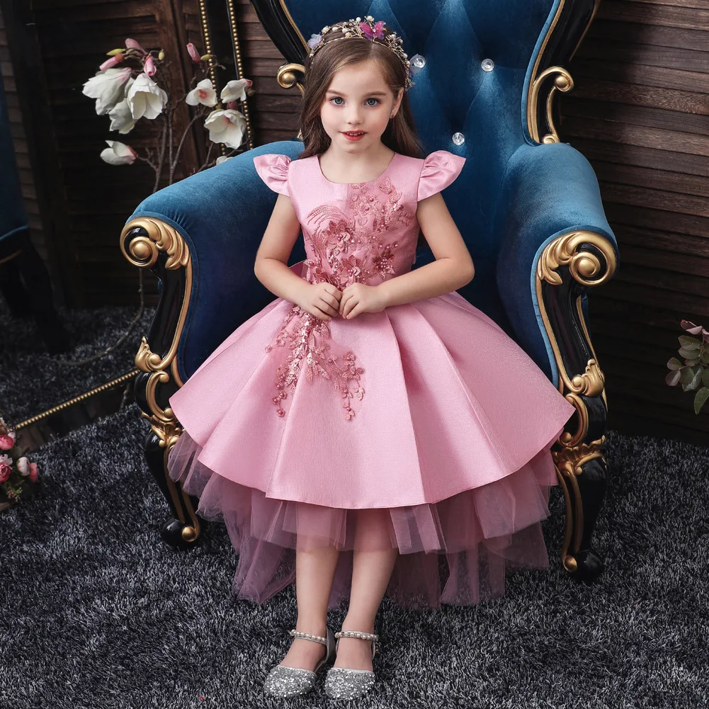 

CloverBridal 2022 Pink Satin+Tulle Girls Birthday Prom Party Dresses Pears Appliques High-low Catwalk Perform Gown WF9717