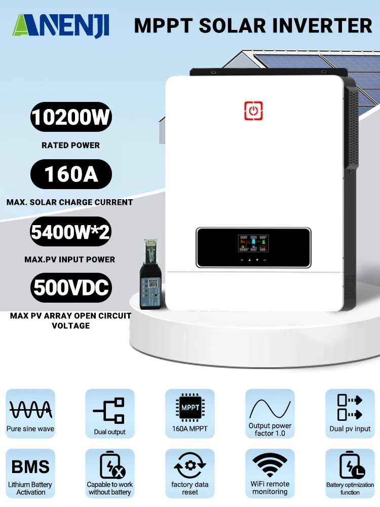 ANENJI 10KW 48V Solar-Wechselrichter Hybrid 230V 160A MPPT Off-Grid 5400W*2 Reine Sinuswelle Dual-Ausgang PV 90-450VDC Mit WiFi-Monitor