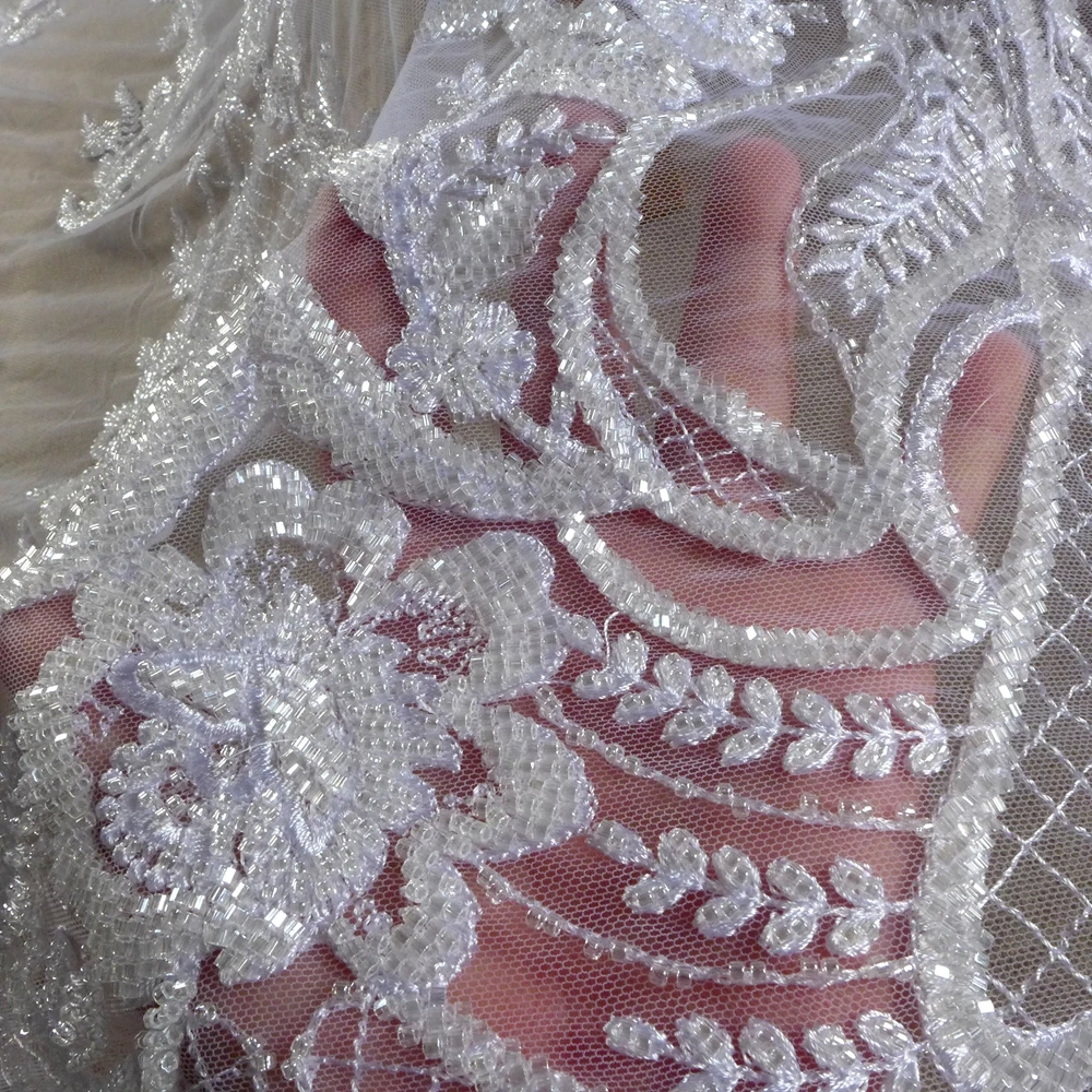 HelluyerDC White heavy beading lace fabric,One Side patterns lace for fashion,wedding,evening,dance gown by the yard