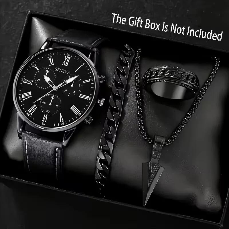 4-Piece Set of New Fashionable Men's Trendy Round Quartz Watches + Pendant Necklace, Ring & Bracelet Jewelry Set, Suitable for Valentine's Day, Easter, Birthday, Christmas Gifts, to Give to Friends, Family, Eid.