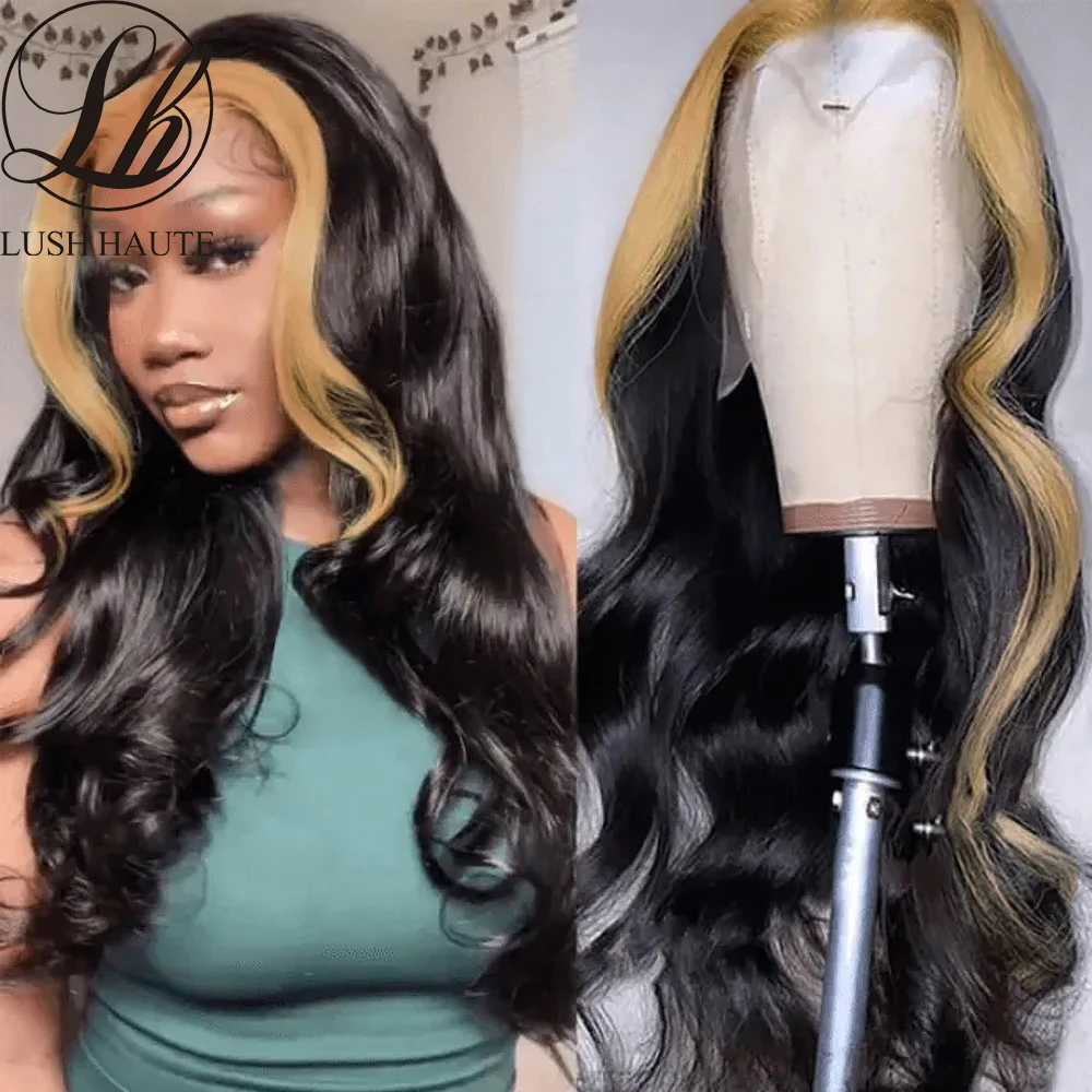 

Blonde Lace Front Wig 13X4X1 middle T Part Synthetic P27 Black Mixed Ombre Blonde /Green Body Wave Lace Front Wig Highlights Wig