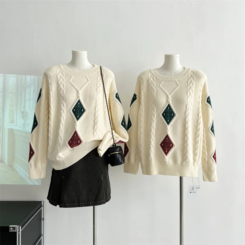 Vintage Sweater Women's Autumn and Winter New Stitching Diamond Plaid Round Neck Pullover Knitted Top Loose Female Clothing