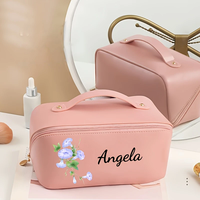 Borsa per il trucco personalizzata con fiori e nome, borsa per il trucco con chiusura a cerniera, borsa per il trucco da donna di grande capacità