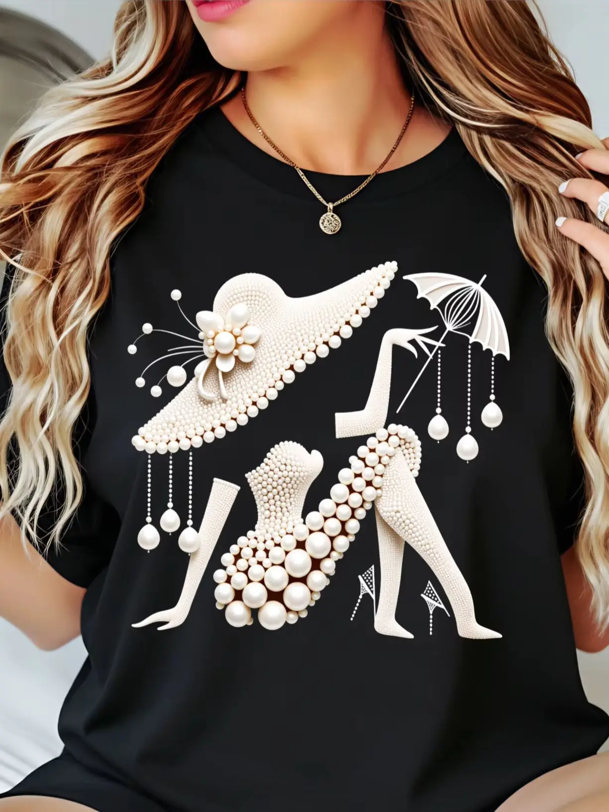 Elegant Pearl Silhouette Lady with Hat & Umbrella Black Graphic T-Shirt