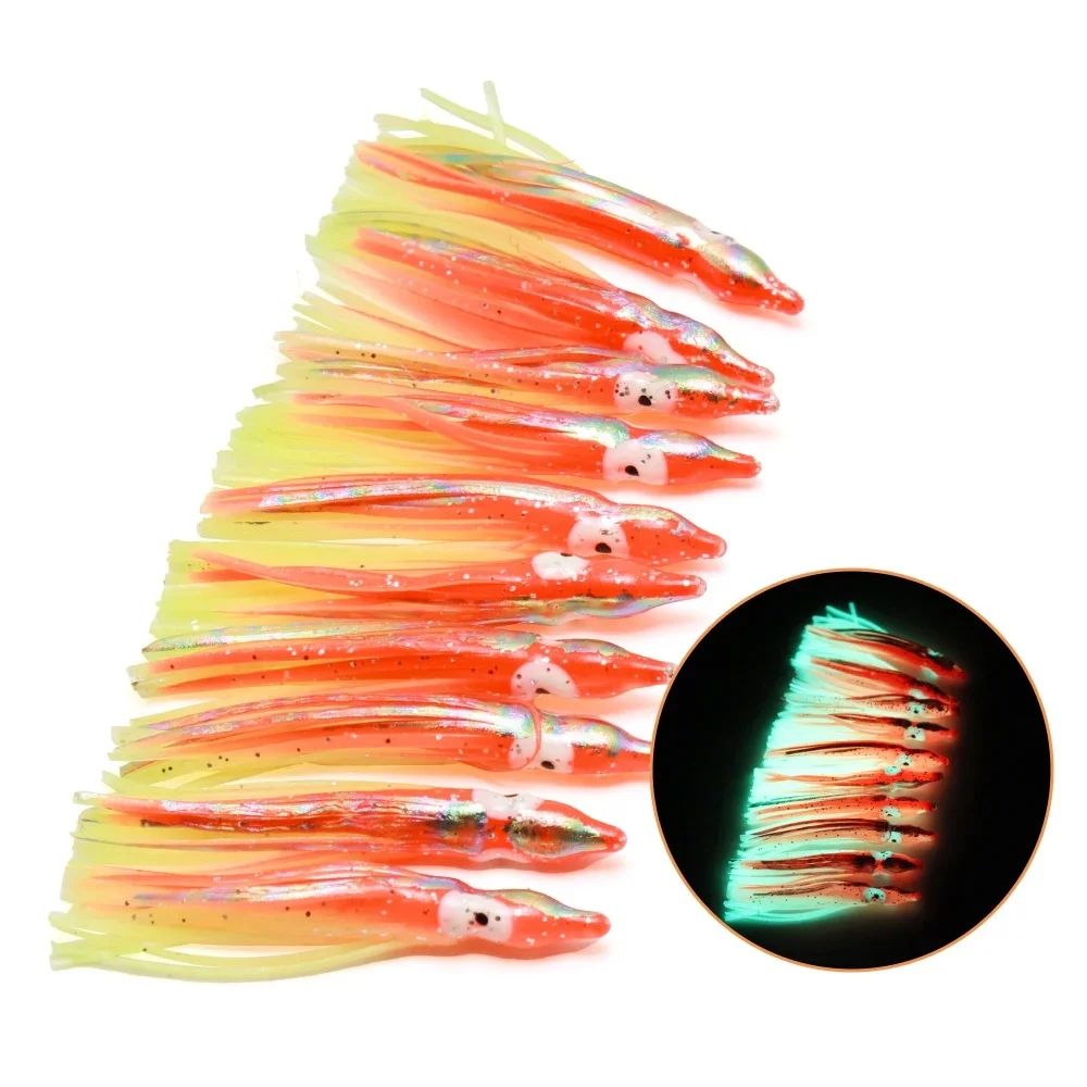 10 pièces lumière douce poulpe calmar jupes leurre 6-12 cm silicone thon jupes calmar pêche brillant caoutchouc appât artificiel