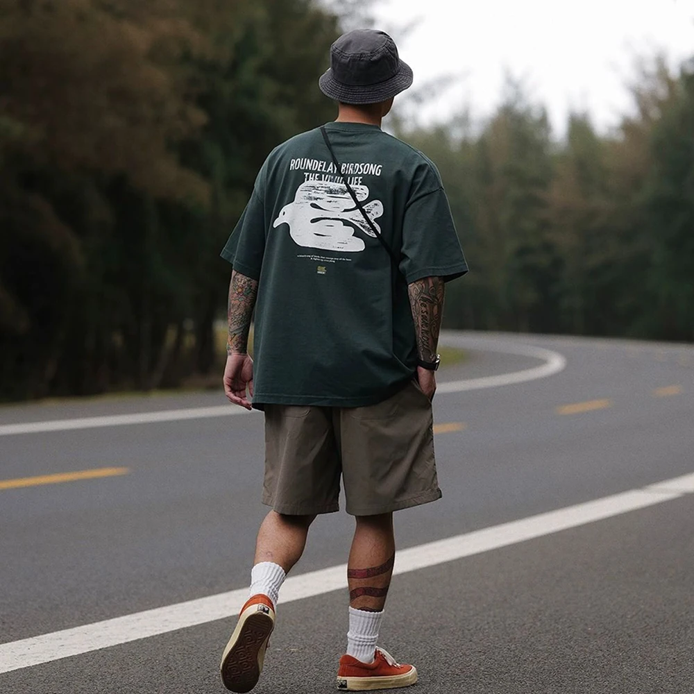 Men Japanese Casual Retro Printed Short-sleeved T-shirt Loose Daily Simple Half-sleeve Pure Cotton Oversized T-shirt Tops Unisex