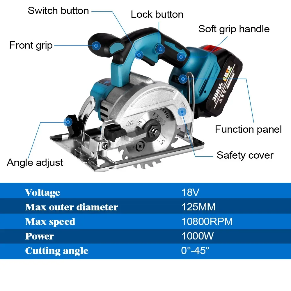 Brushless 5Inch 125mm Mini Electric Circular Saw Cordless 0-45° Adjustbale Woodworking Power Garden Tool For Makita 18V Battery