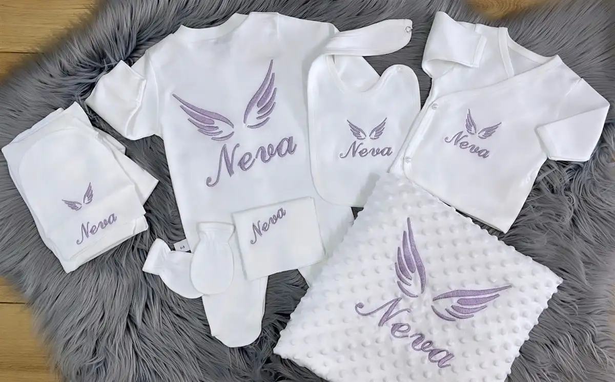 

Baby Newborn Set with Angel Wings Embroidery and Name Embroidery