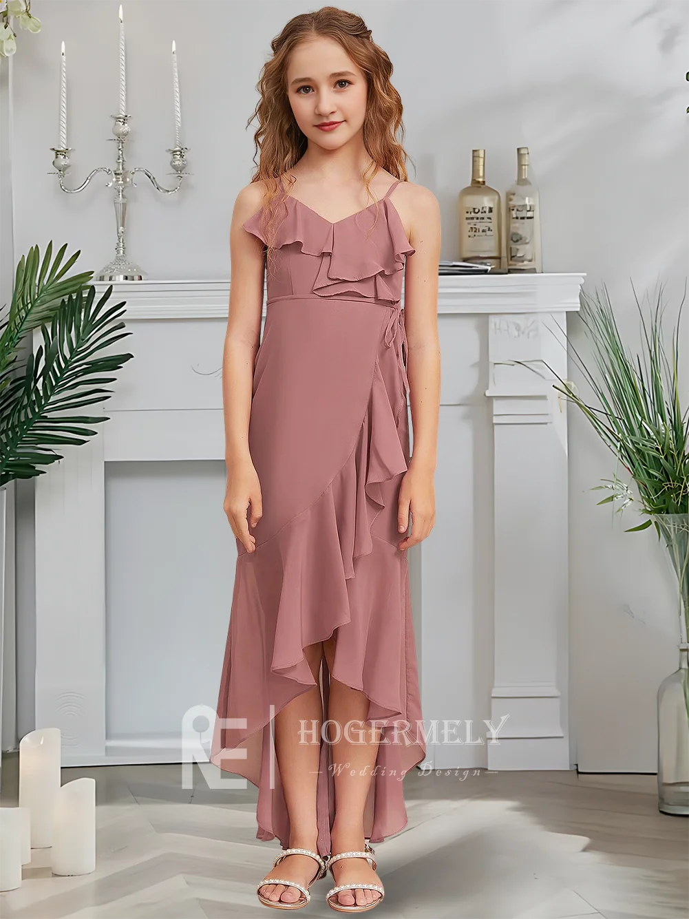 NYJ Kids Sheath Column Junior Bridesmaid Dress Twilight Rose Flower Girl Dress V-Neck Asymmetrical Chiffon Garden Gala Wedding
