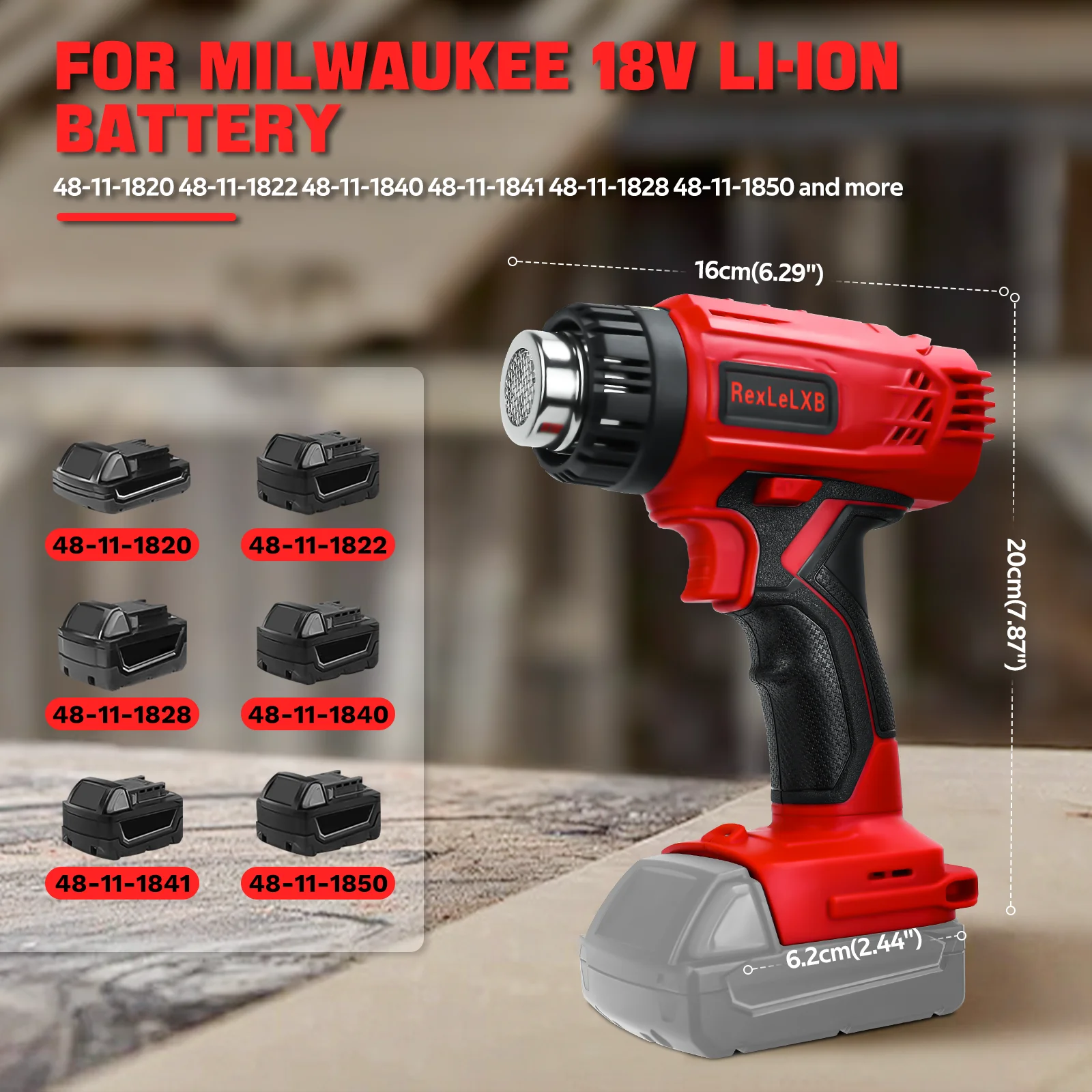 400W Cordless Heat Gun 50℃-550℃ Variable Temperature with LCD Digital Display Soldering Hot Air Gun for Milwaukee 18V Battery