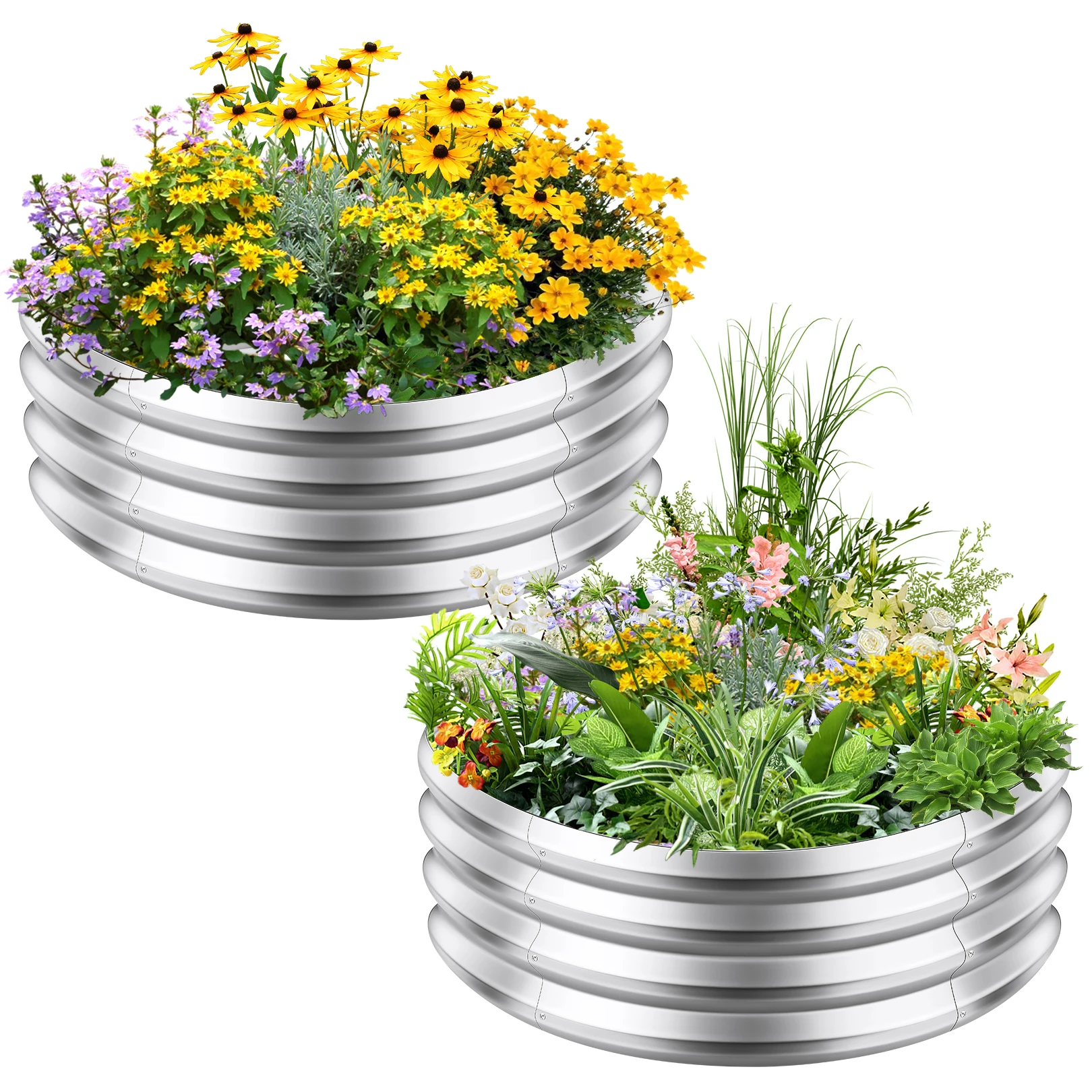 Kit de cama de jardim levantado galvanizado, Metal Round Planter Box para exterior, Cama de jardim para plantar plantas vegetais, 2 Pack