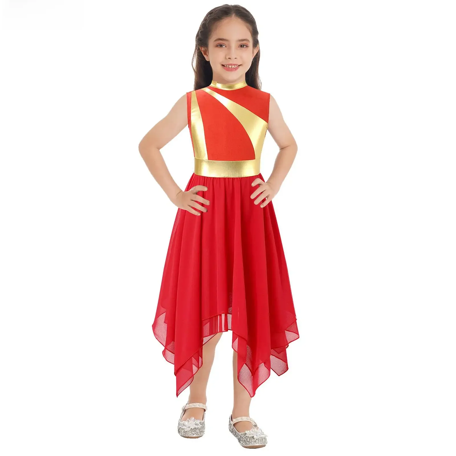 Crianças Meninas Brilhante Metálico Sem Mangas Adoração Vestido Lírico Louvor Litúrgico Dança Tule