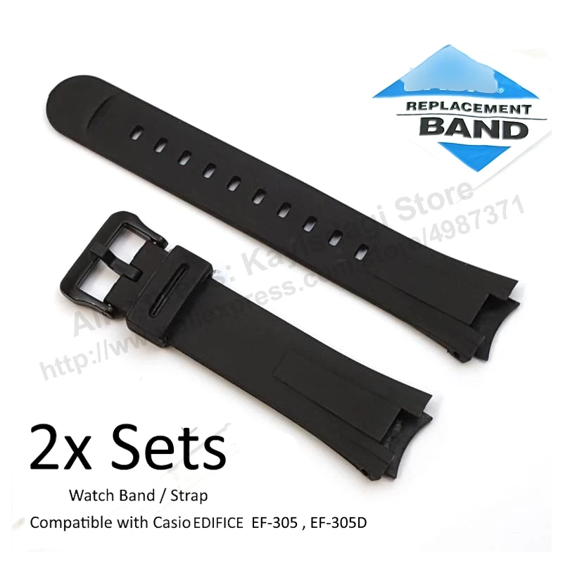 2x SETS Black Rubber Watch Band / Strap Compatible for Casio Edifice EF-305-1AV , EF-305-9AV