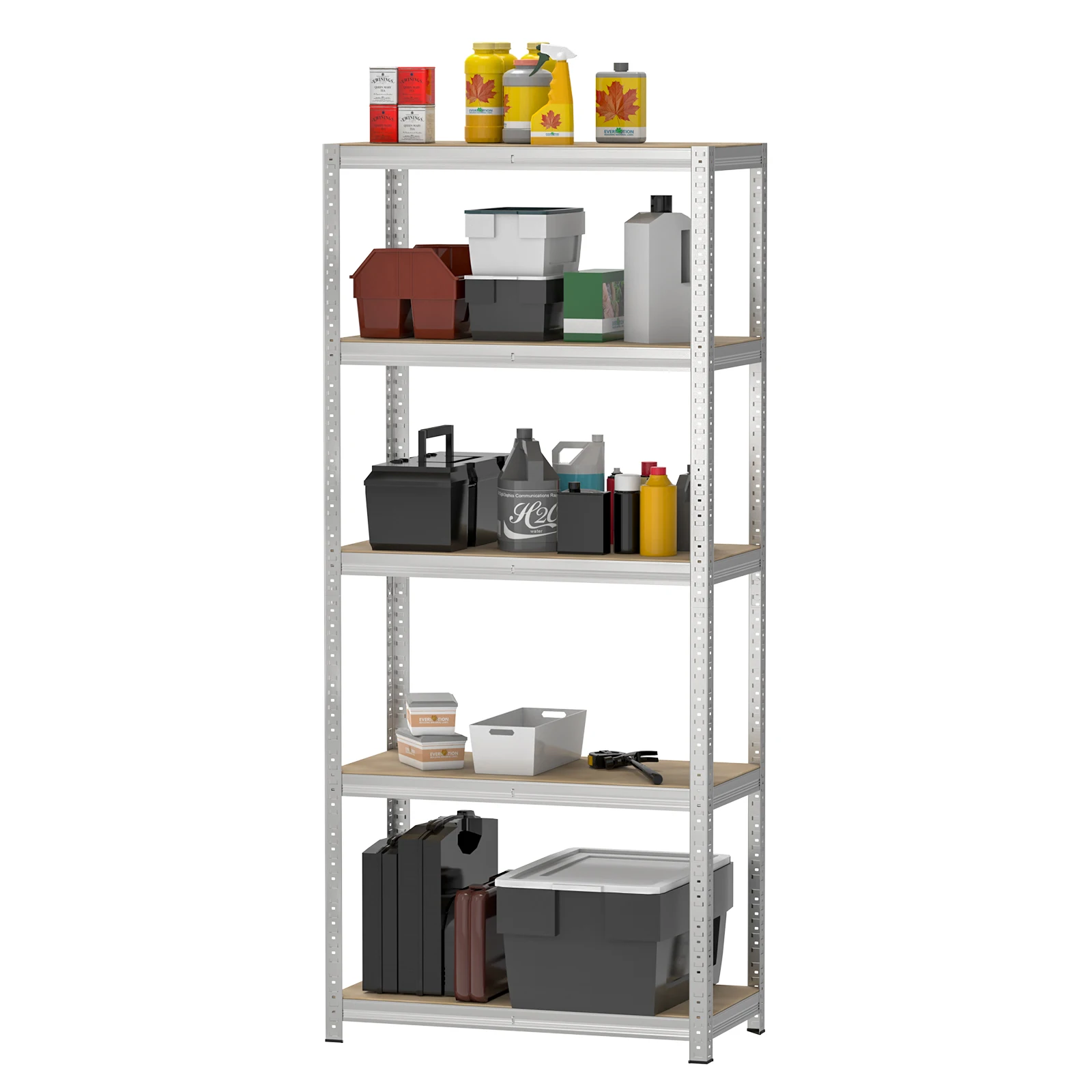Hochbelastbares 5-stöckiges Regal, 170x75x30cm, schraubenloses Ausstellungsregal, 875kg Gesamtlast – MDF-Regale (5mm) – Heimorganisation & Aufbewahrung – Silber