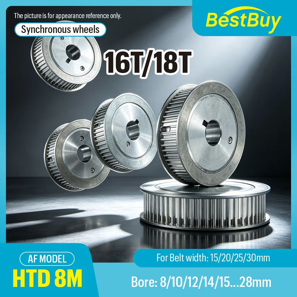 HTD 8M 16T/18T Timing Pulley Pitch 8mm Bore 8–28mm Slot Width 16/21/27/32mm for 15/20/25/30mm HTD 8M Belt
