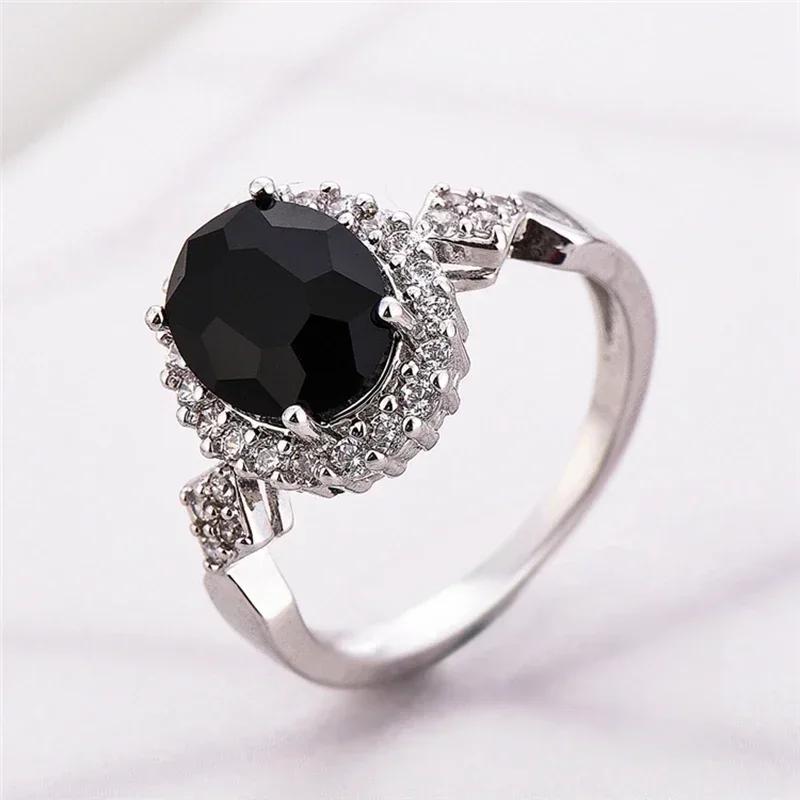 Oryginalna biżuteria 925 Sterling Silver Stackable Ring Round Black CZ Crystal Finger Ring dla kobiet Wedding Party Bague Bijoux — zdjęcie 2