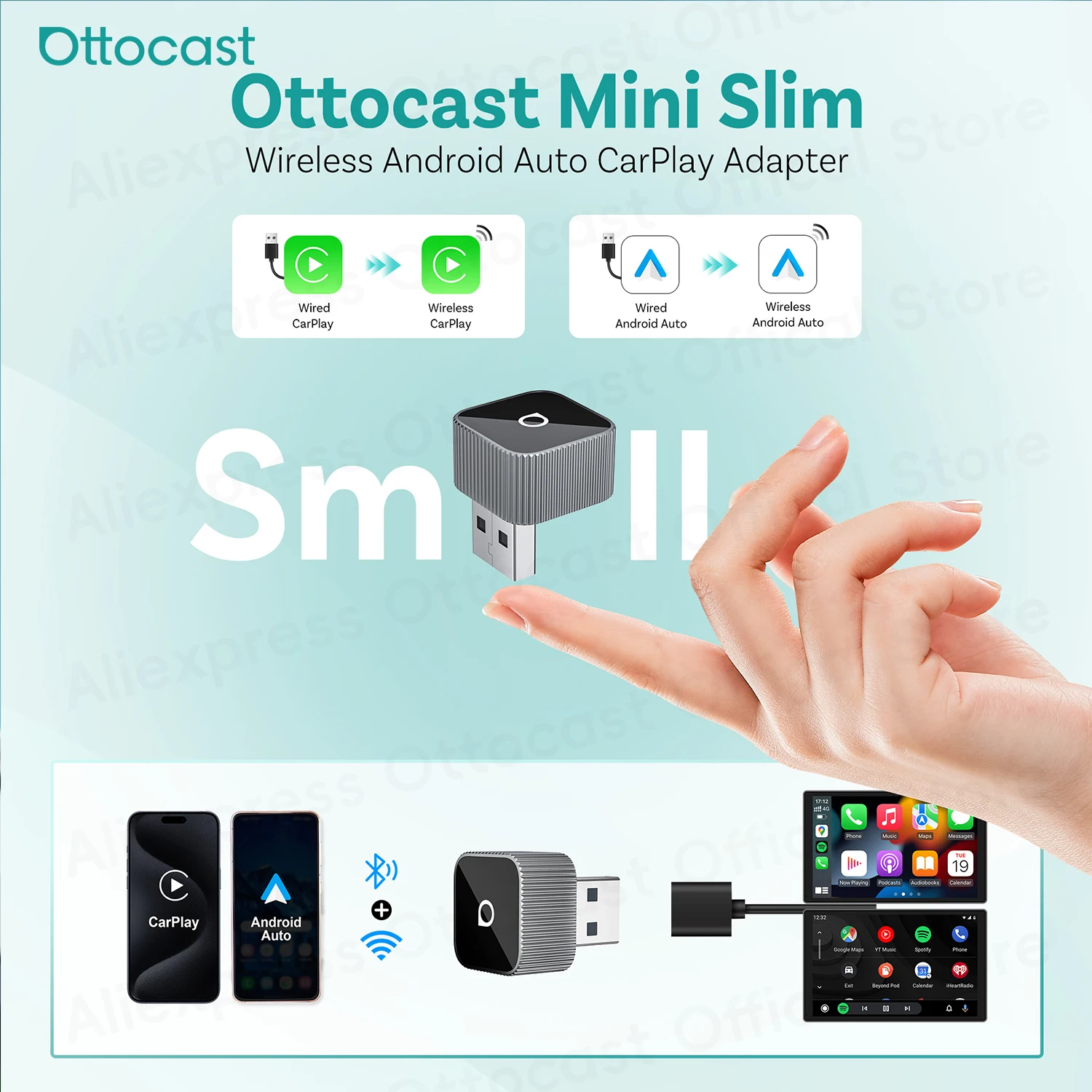OTTOCAST Mini Slim Cube Wireless CarPlay Android Auto Adapter 2 in 1 USB AI Autozubehör für VW Haval Audi Kia Porsche Lexus – Detail 2