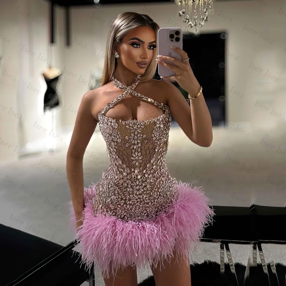 

Glittering Halter Evening Dresses for Black Girls Rhinestones Mini Formal Evening Celebrity Dresses Birthday Gowns Customized