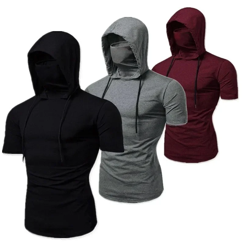 AliExpress NONE Mens Gym Thin Hoodie Short Sleeve Hoodies With Mask Sweatshirt Casual Splice Large Mask Hoodie Sweatshirt Hooded Tops Cycling