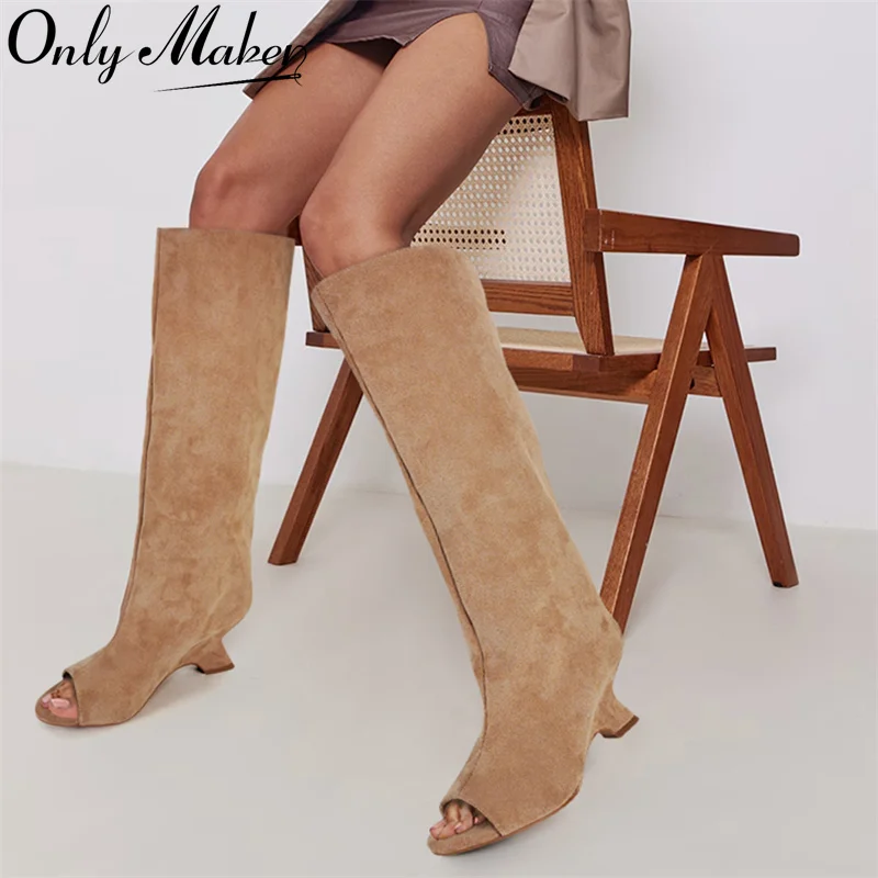 

Onlymaker Peep Open Toe Slouchy Suede Knee High Boots Wide Calf Kitten Heel Pull On Tall Boots Slip On Boots
