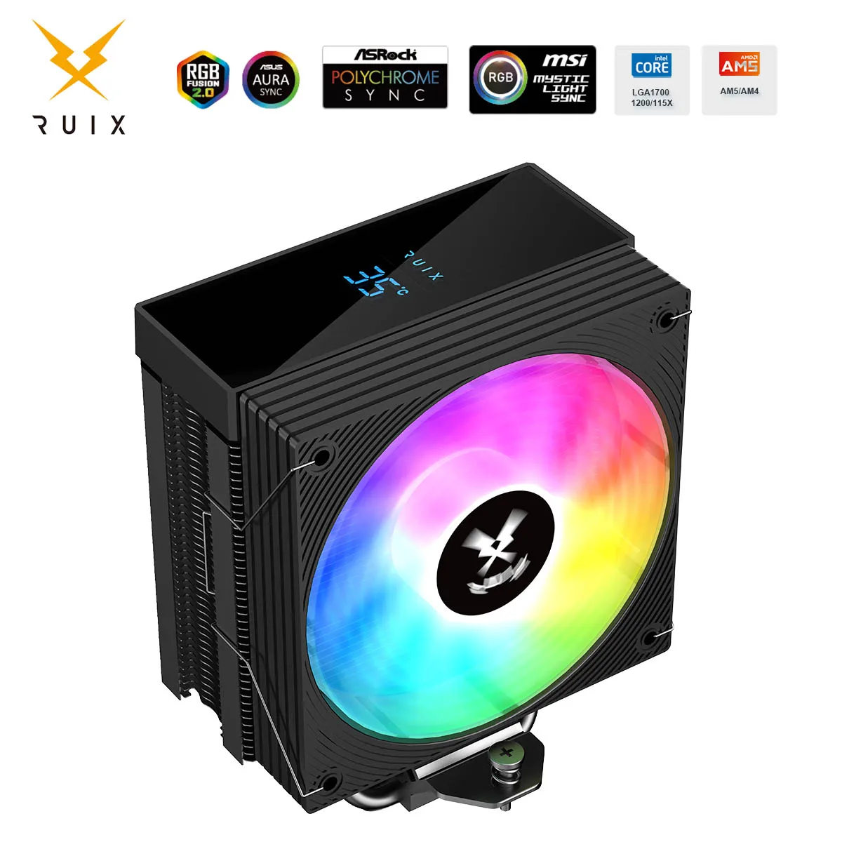 

Ruix DT-400 Кулер для процессора 4 тепловых трубки Радиатор ARGB PWM Бесшумный вентилятор 2025 Цифровой дисплей для Intel 1700 1200 115X ADM4 ADM5 OEM ODM