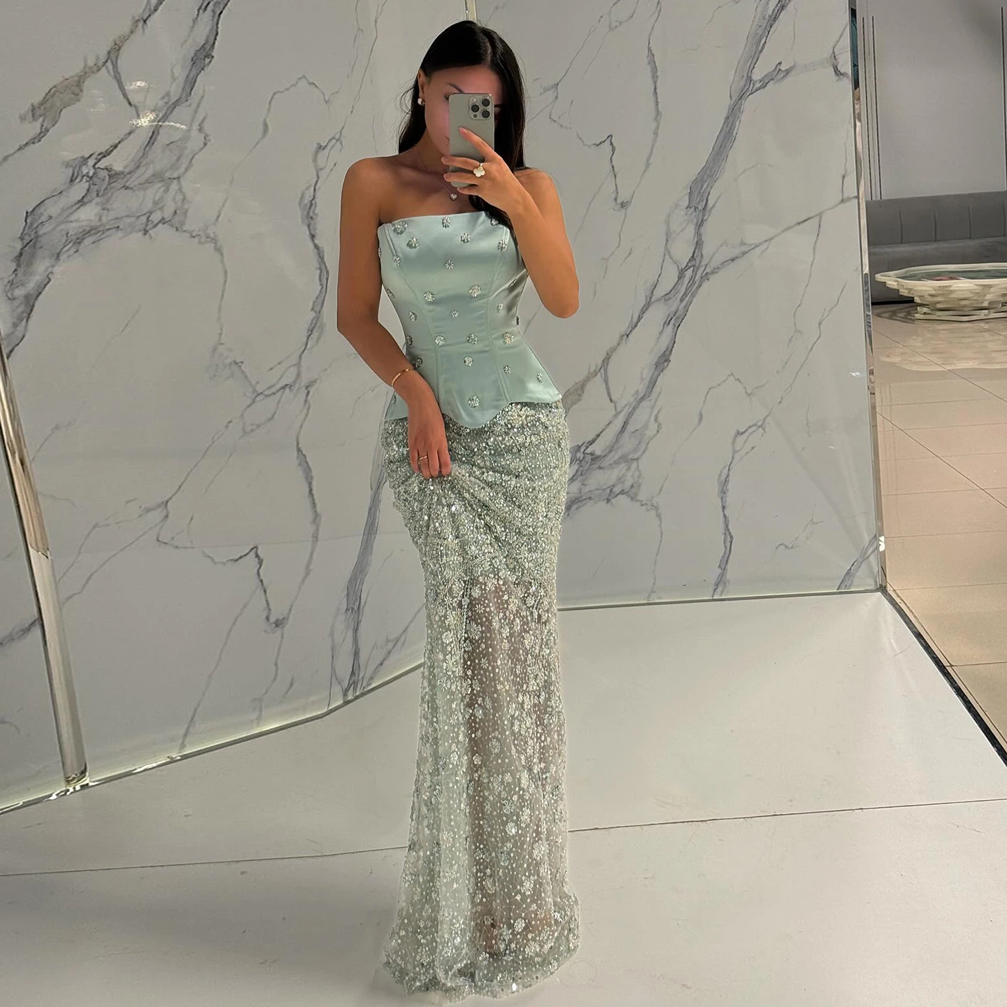 

Шарон Саид Потрясающее мятно-зеленое вечернее платье из двух частей с бретелями Sage Lilac Dubai Женское свадебное платье SS697 по индивидуальному заказу