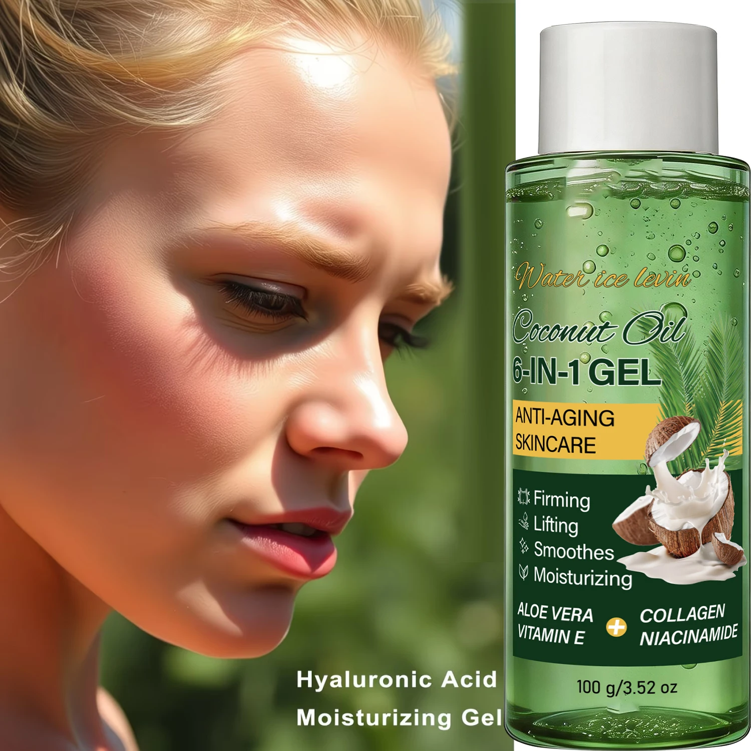 WATER ICE LEVIN Coconut Oil 6‑In‑1 Skin Gel 100g Vitamin E Aloe Vera Collagen Gentle Moisturizing Daily Facial Care Gel