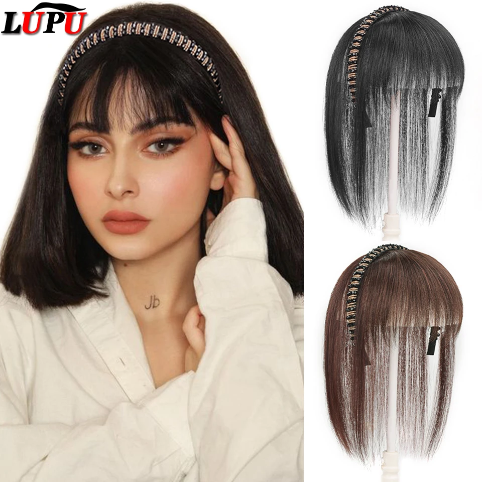 Lupu Synthetische Head Band Met Haar Pony Uitbreiding Clip In Volledige Fringe Pony Rechte Haarstukje Pony Bruin Haar Voor vrouwen