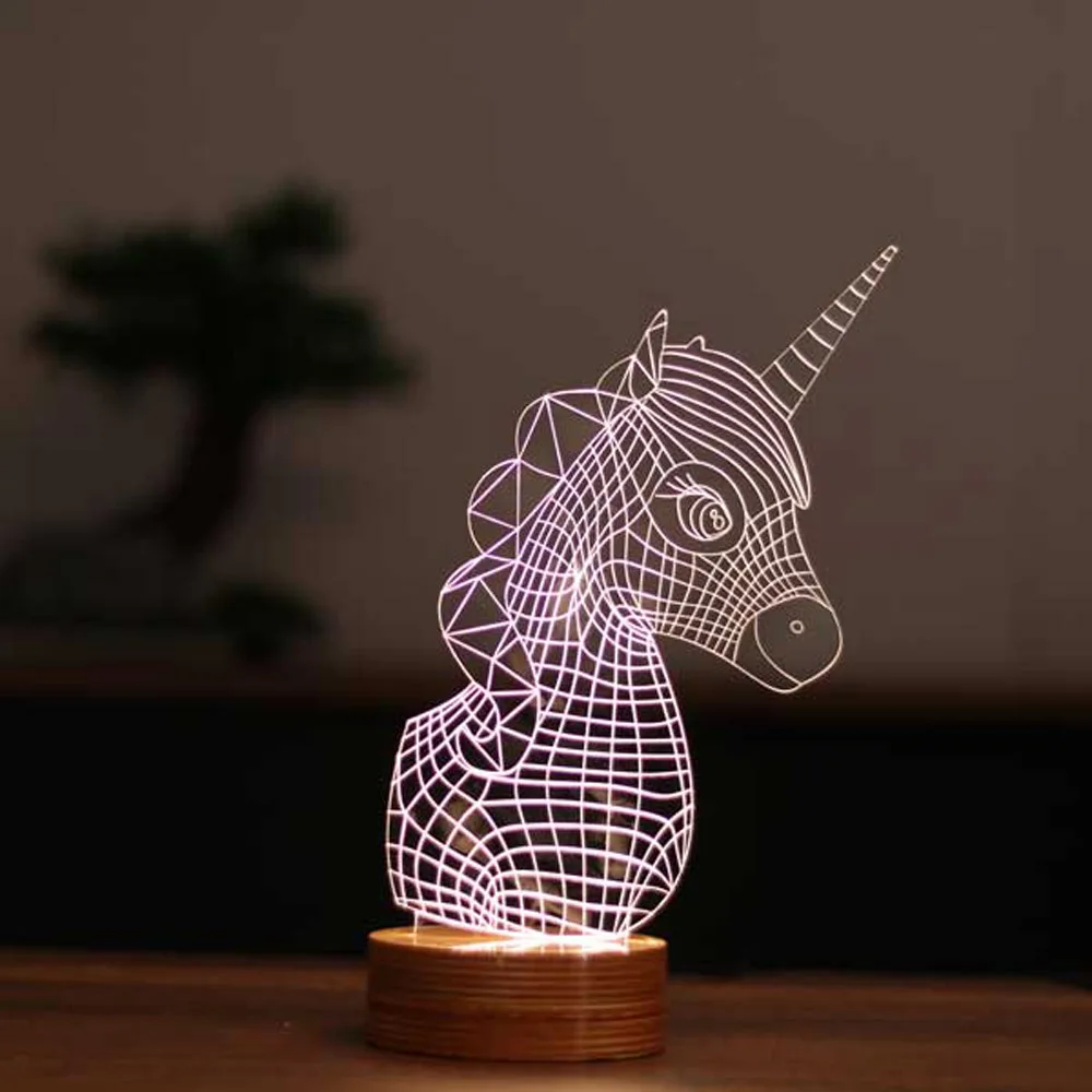 Unicorn 3D Illusion Acrylic Led Lamp 12 Volt Adapter Daylight Design Wood Base Gift for Animal Lovers Xmas Party Decoration Room Decor Anime Wedding Stranger Things Led Lights Wedding Decoration Nightlights Bedroom