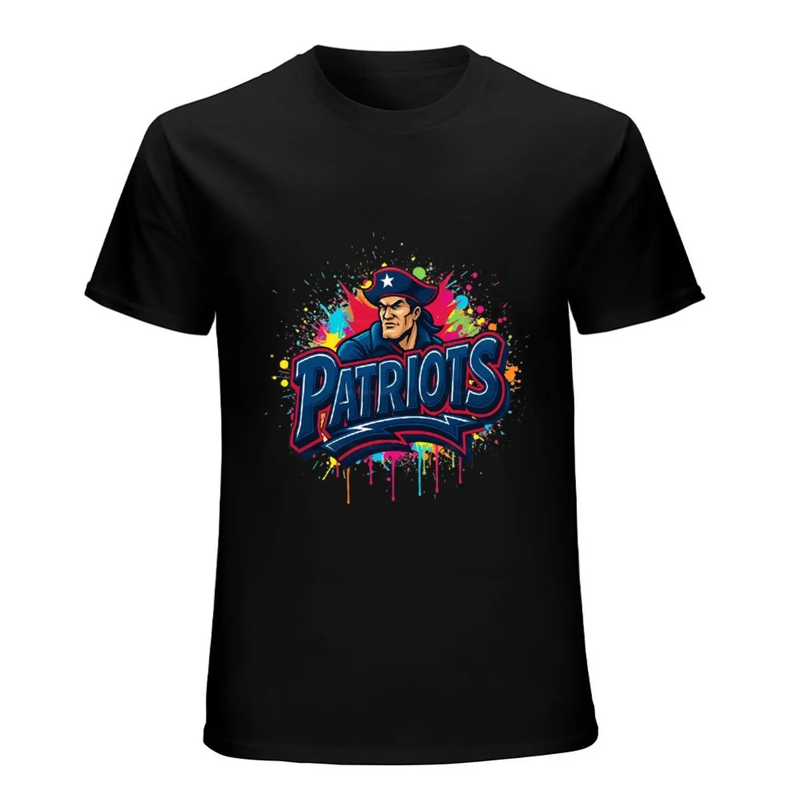 Cartoon Patriot Mascot Color Splash Drip PATRIOTS Logo Crew Neck T-Shirt Mens Sports Fan Casual Apparel