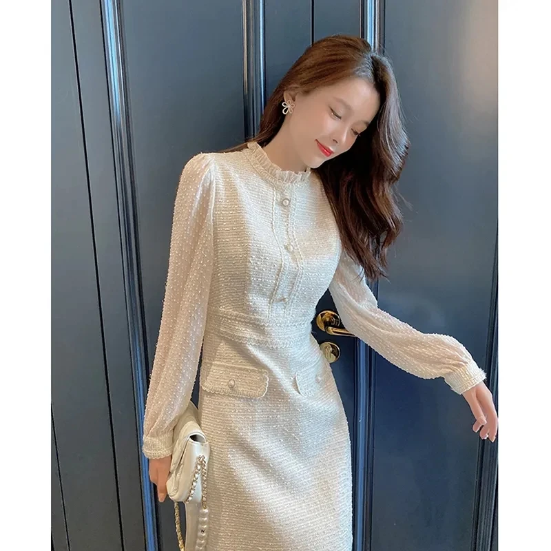 Sweet Spring Korean Elegant Long Party Fairy Women Tweed Boho Beach Vacation Dress Robe Femme