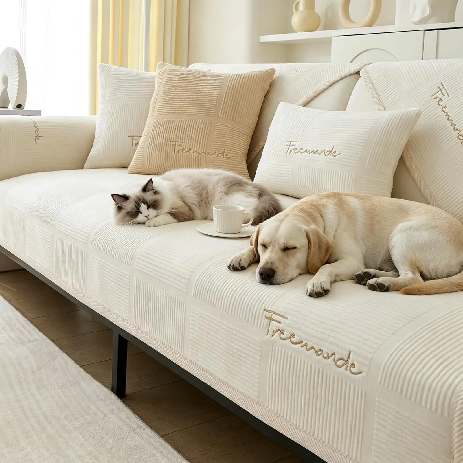 1-delige pluizige bankkussenhoes, antislip, wasbaar, huisdiervriendelijke meubelkussenhoes, kussenbeschermer voor hoekbank, beige wit