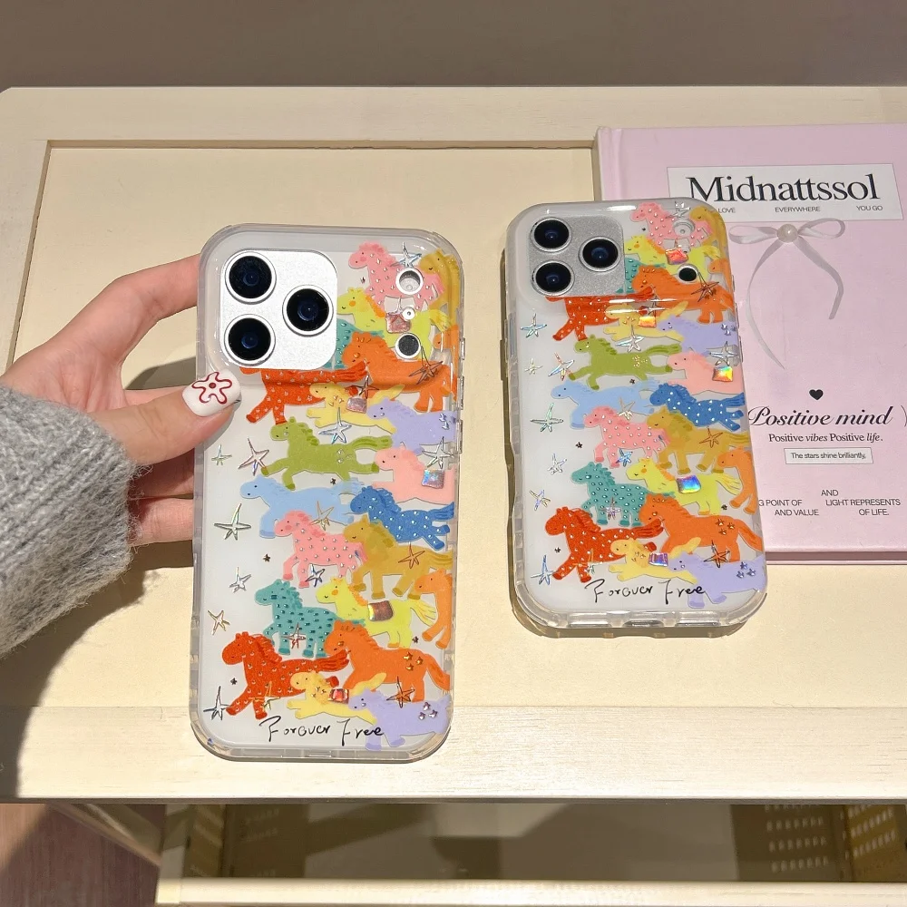 

Creative hand-painted gilt color pony mobile case, suitable for iPhone14/15/16/17ProMax, a new niche shock-proof protective case