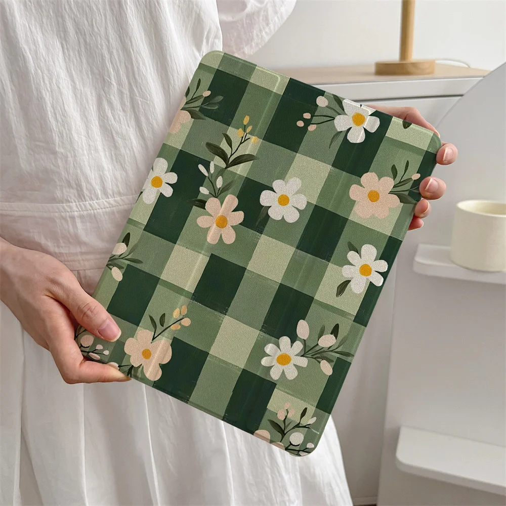 

New green checkered flower iPad protective case, suitable for Apple iPad Pro 2024 11 inch 2025 Air 5/4 10.9 iPad 10 9.7 10.2/10.