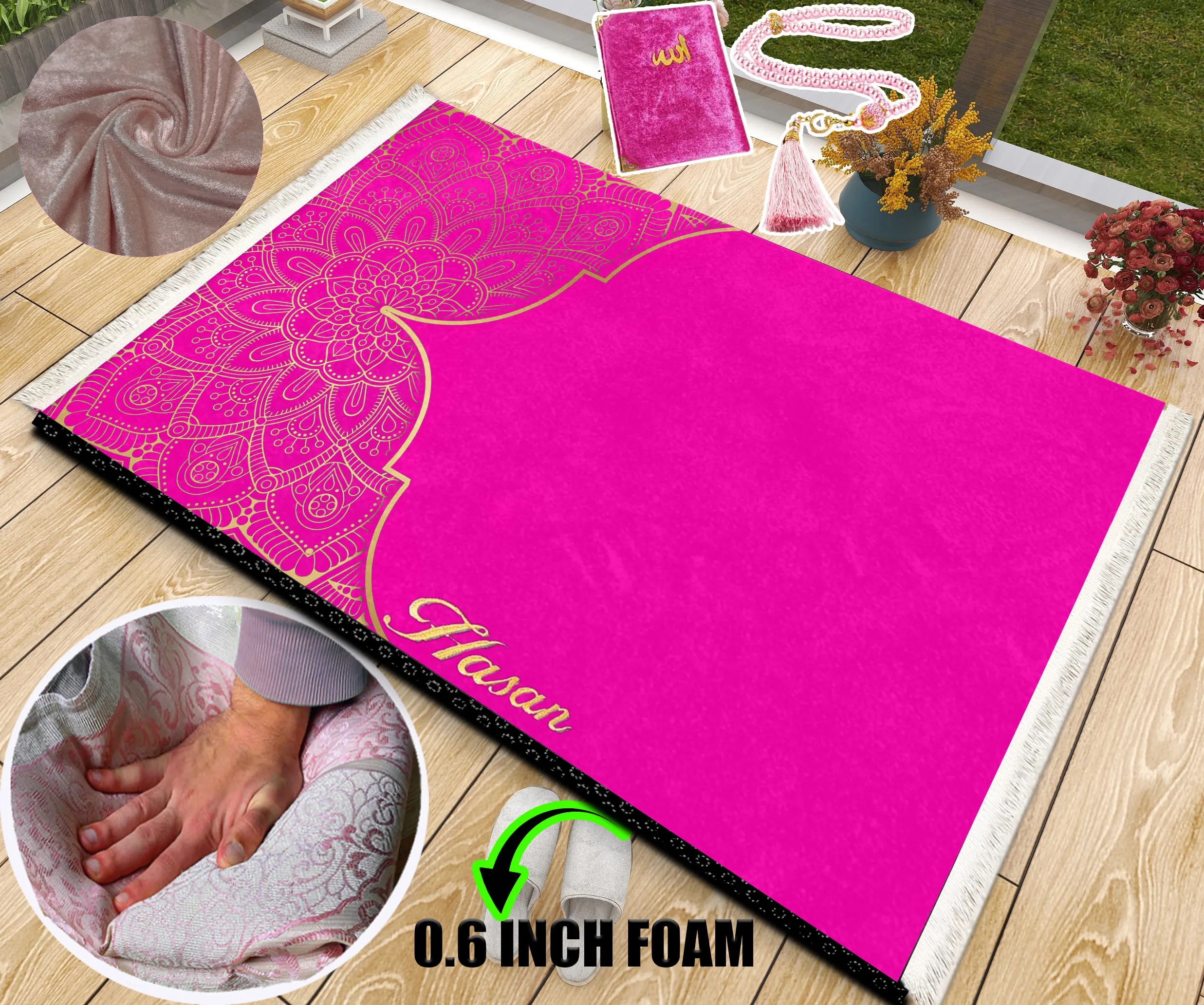 

Extra Thick Foam Padded Turkish Pink Gold Prayer Rug, Luxury Yaseen, Soft Praying Mat Carpet & Pearl Tasbeeh, İslamic Gift Set