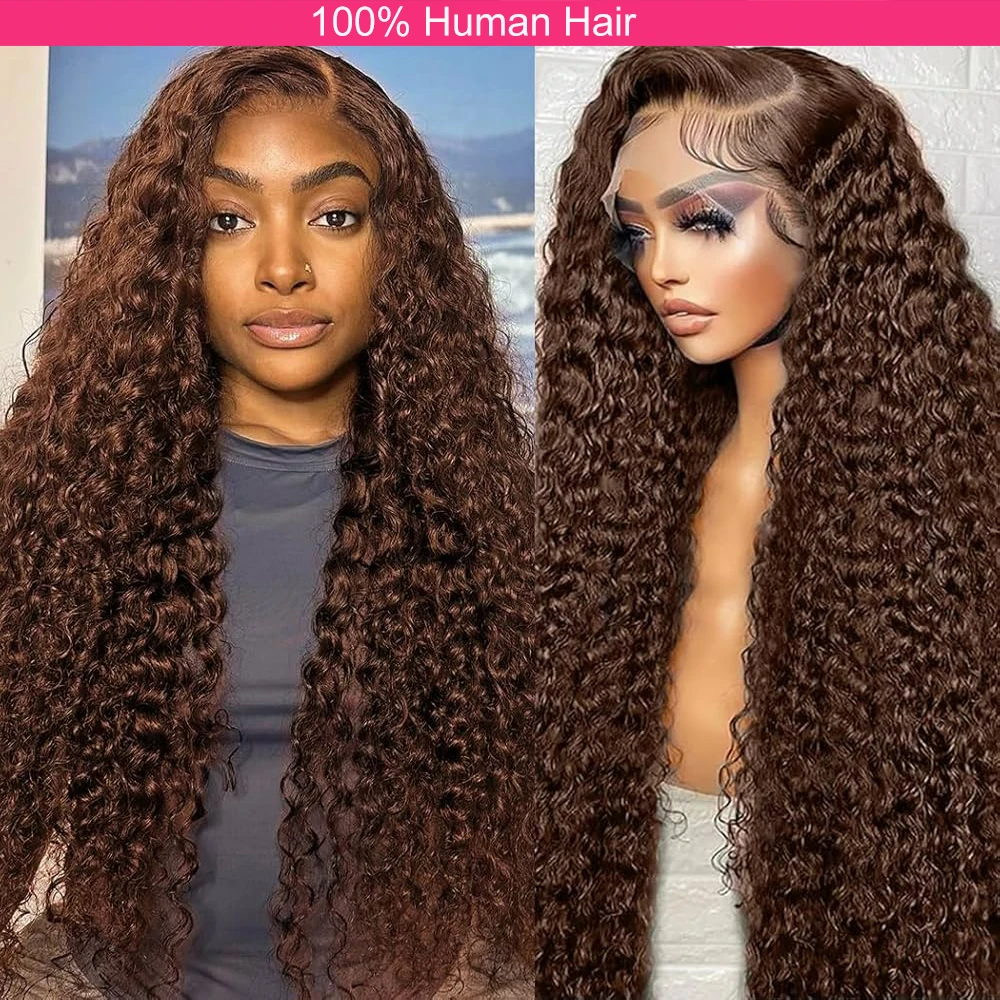 13x4 Chocolate Brown Colored Lace Front Wig Deep wave Frontal Wigs 30 Inch Hd Transparent Lace Front Wigs Curly Human Hair Wig